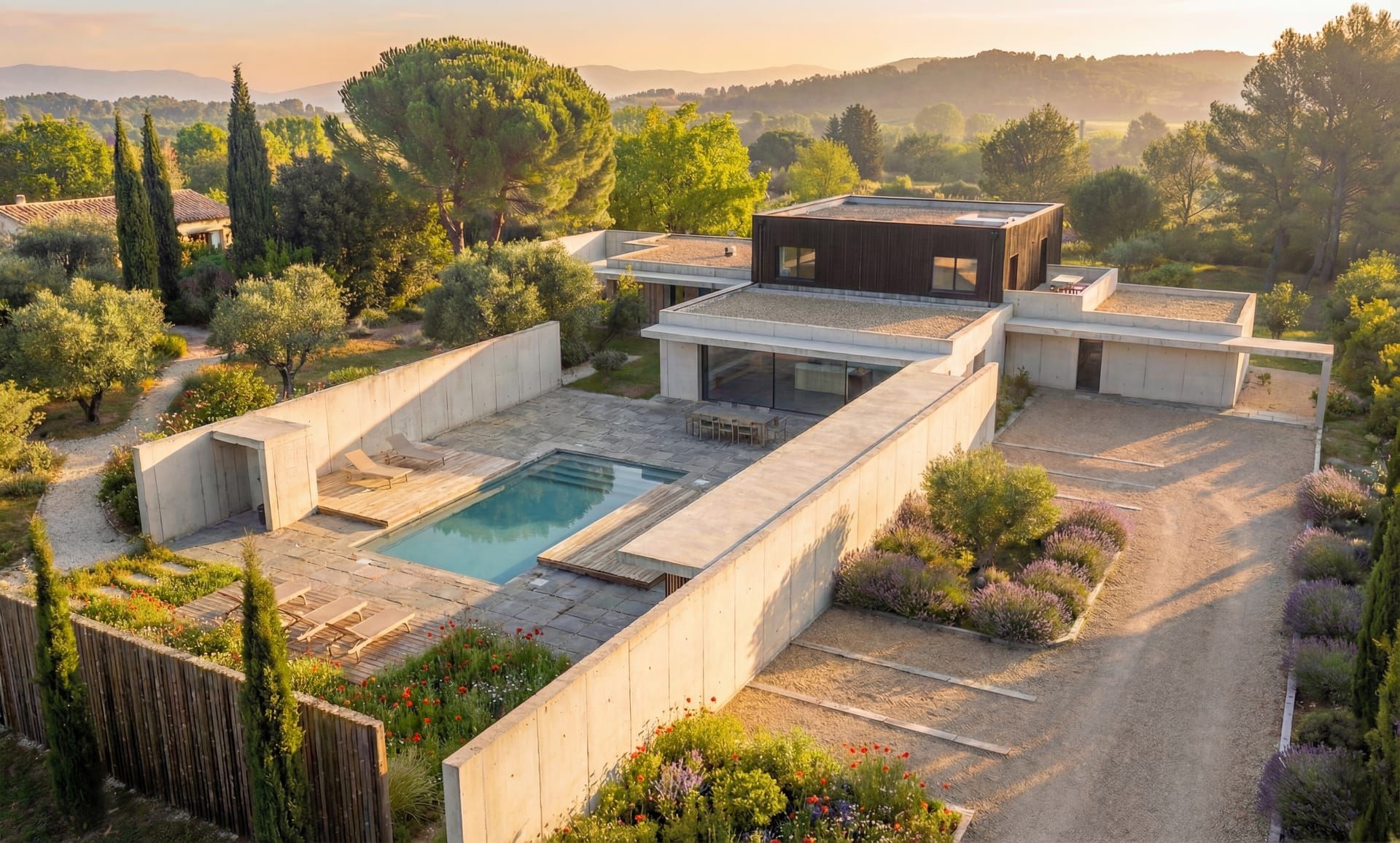 Villa contemporaine F, vue aérienne avec piscine, par Reservoir Architecture